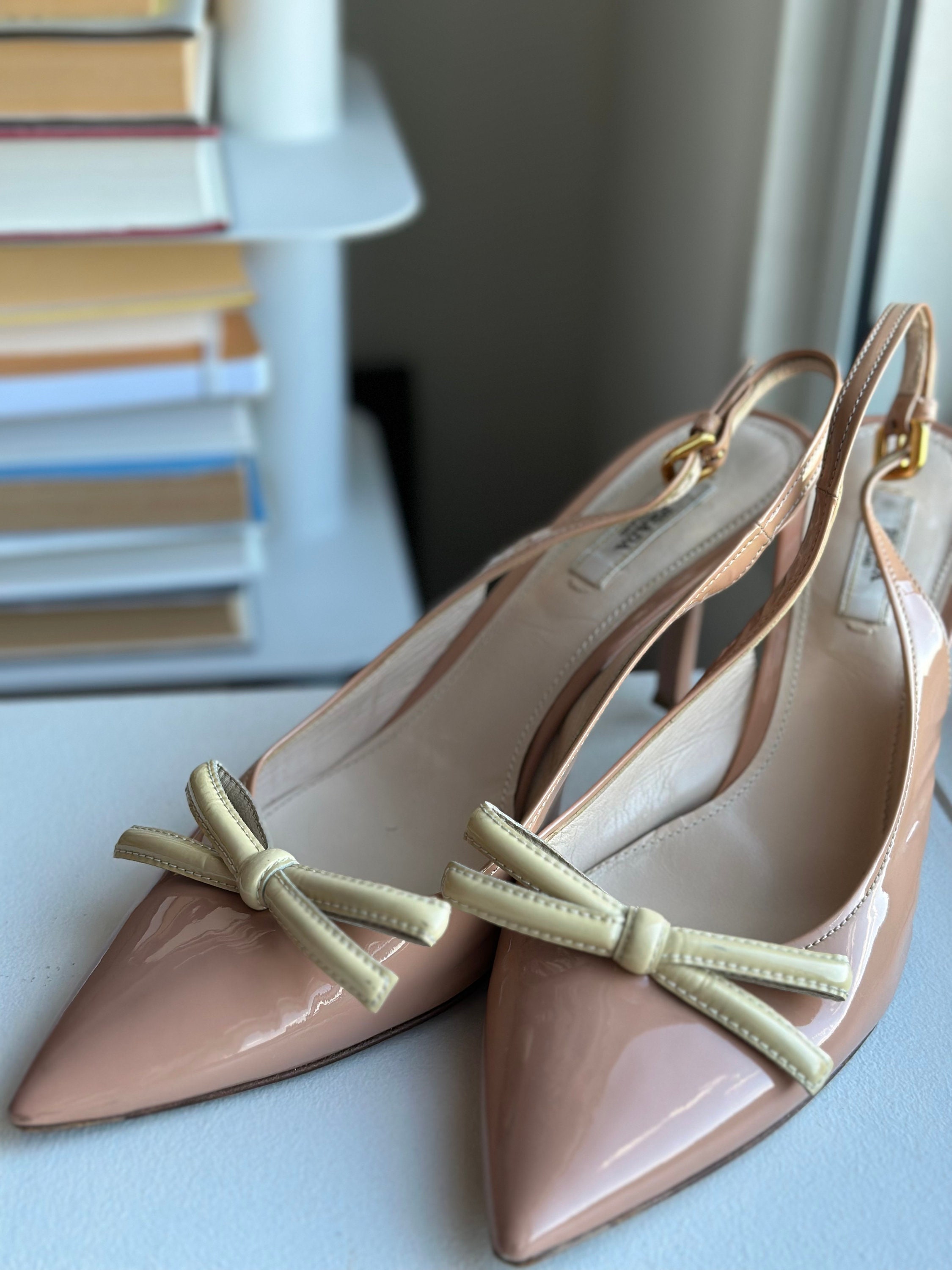 Prada Size EU38.5 Vintage Pink and Yellow Patent Leather Bow Strap