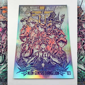 NERV hand made holographic screen print:  Misato - Rei - Asuka - Kaworu - Shinji