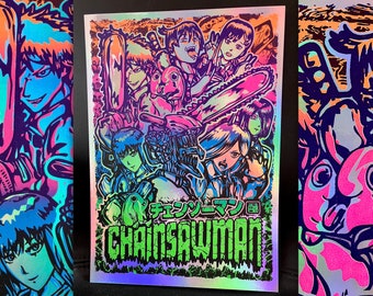 Denji and friends hand made holographic screen print