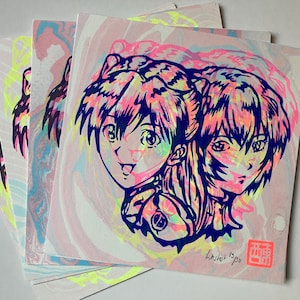 One of a kind  hand made screen print on suminagashi paper - Asuka and Rei