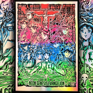 May include: A vibrant poster featuring characters from Neon Genesis Evangelion. The artwork showcases a colorful collage of anime figures in shades of pink, blue, and green, with Japanese text and the title "Neon Genesis Evangelion".