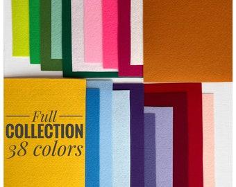 Könnte beinhalten: Eine vollständige Sammlung von 38 Filzplatten in verschiedenen Farben, darunter Grün, Rosa, Weiß, Rot, Orange, Blau, Lila und Gelb. Die Filzplatten sind in Reihen und Spalten angeordnet, mit dem Text "Full Collection 38 colors" auf einer gelben Platte in der Mitte.