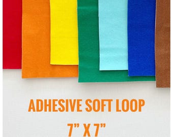 Adhesive valcro soft fabric. 100% polyester. Loop color fabric. Sheet size 7x7 in.