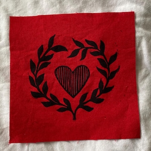 Red Heart Linocut Block Print Fabric Patch | 5”x5”