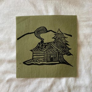 Green Mountain Cabin Linocut Block Print Fabric Patch | 5x5”