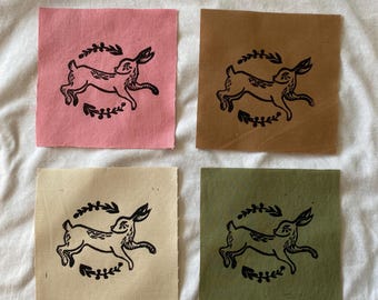 Bunny Rabbit Linocut Block Print Cotton Fabric Patch | Pink, Green, Beige, Brown | 5”x5”