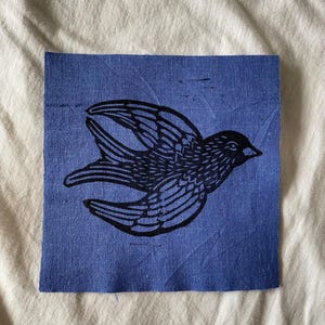 Blue Bird Linocut Block Print Fabric Patch | 5x5”
