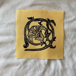 Art Nouveau Yellow Flower Motif Linocut Block Print Fabric Patch | 5”x5”