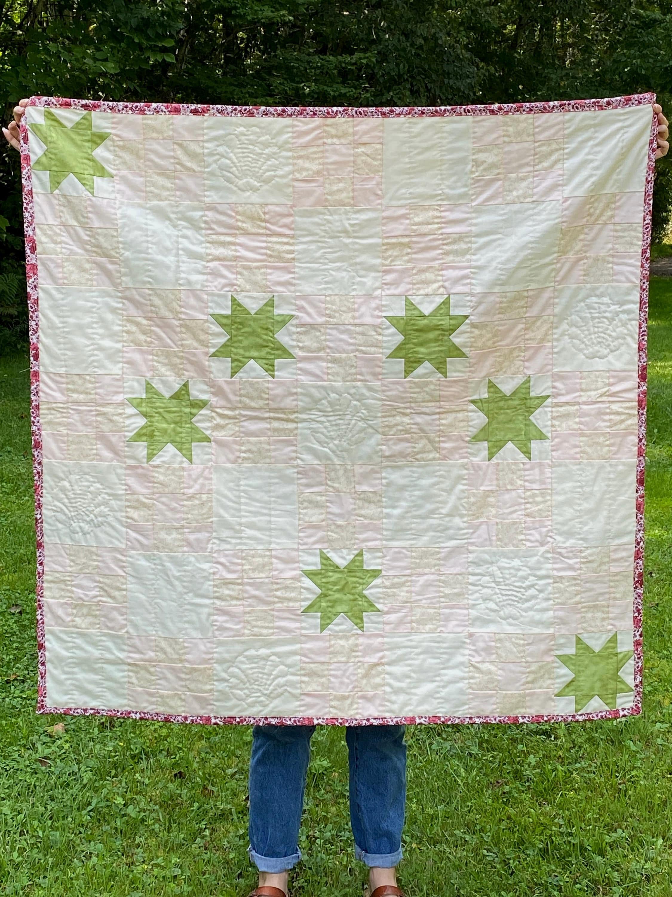 Springtime Star Quilt: Light Pink & Green Checkerboard, Hand-Quilted
