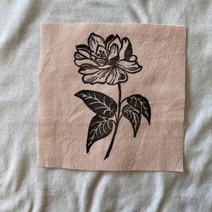 Pink Magnolia Linocut Block Print Fabric Patch | 5x5”