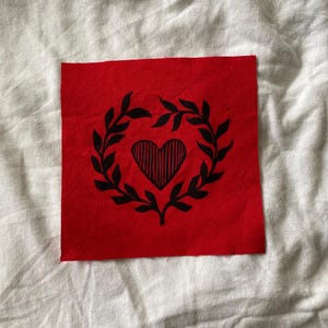 Red Heart Linocut Block Print Fabric Patch | 5”x5”