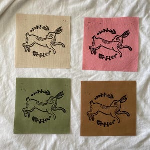 Bunny Rabbit Linocut Block Print Cotton Fabric Patch | Pink, Green, Beige, Brown | 4.5x4.5”