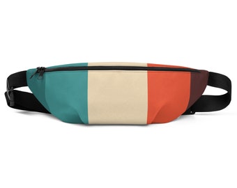 May include: A bum bag featuring a horizontal colour-blocked design with sections of teal, cream, orange, and dark brown. The bag includes a black zip closure along the top edge and an adjustable black strap with a plastic buckle fastener.