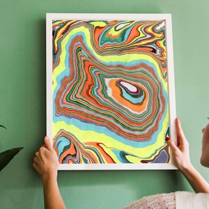 Alien Geode Marbled Paper Art Print, Marble Texture Psychedelic Poster Print, Gran decoración moderna de neón brillante para la sala de estar o la pared de la galería