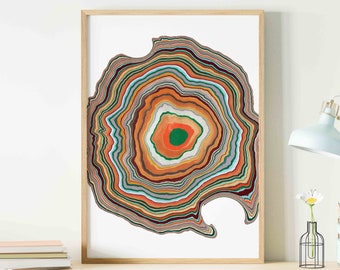 Funky Reverb Art Print, Tree Ring Texture Psychedelic Poster Print, Modern Decor for Gallery Wall or Office, Multicolor Contemporary Art