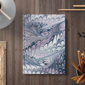 Lavender Feather Hardcover Journal, Unique Marble Patterned Creative Writing Notebook, Peaceful Calming Ebru Diary, Meditation Vibe Journal