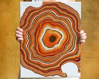 Funky Reverb Canvas Wall Art, Tree Ring Texture Psychedelic Poster Print, Orange Warm Aura Decor for Gallery Wall, Large Contemporary Art