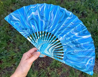 Blue Marbled Hand Fan – HANDMADE Folding Travel Gift, Decorative Beach Holiday Vacation Fan, Unique Ocean Wave Trippy Festival, Hand Painted