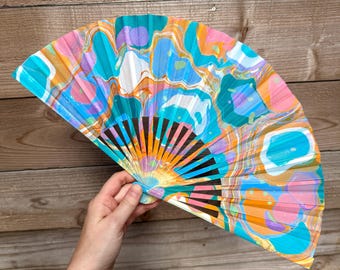 Bright Pastel Aqua Marbled Hand Fan, HANDMADE Folding Travel Gift, Colorful Decorative Cooling Swirly Portable Concert Festival Statement