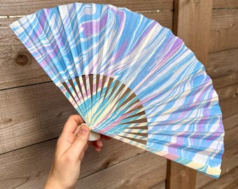 Pastel Purple Blue Marbled Hand Fan – HANDMADE Folding Travel Accessory, Decorative Vacation Gift, Unique Trippy Festival Statement Fan