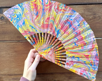 Primary Colorful Marbled Hand Fan, HANDMADE Folding Travel Gift, Decorative Hand Painted Concert Fan, Multicolor Trippy Festival Accessory