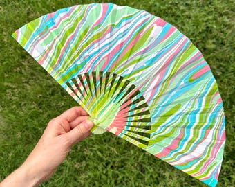 Pink Green Aqua Marbled Hand Fan, Cute HANDMADE Folding Lightweight Travel Gift, Decorative Cooling Fan, Colorful Bright Summer Festival