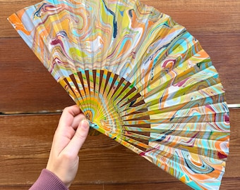Colorful Marbled Hand Fan, HANDMADE Folding Travel Gift, Decorative Painted Rainbow Concert Fan, Multicolor Trippy Festival Accessory