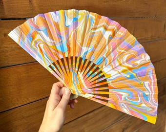Bright Pastel Orange Marbled Hand Fan, HANDMADE Folding Travel Gift, Colorful Decorative Cooling Swirly Portable Concert Festival Statement