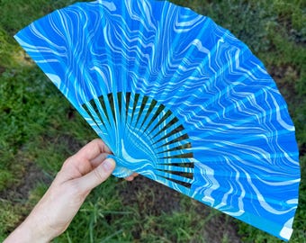 Blue Marbled Hand Fan – HANDMADE Folding Travel Gift, Decorative Beach Holiday Vacation Fan, Unique Ocean Wave Trippy Festival, Hand Painted