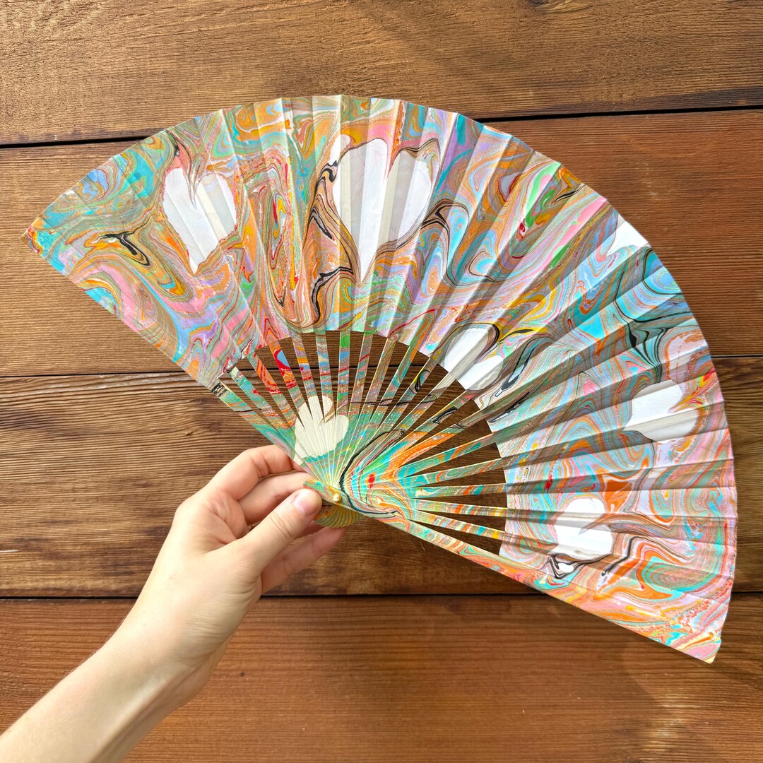 Colorful Hearts Marbled Hand Fan, HANDMADE Folding Travel Gift ...