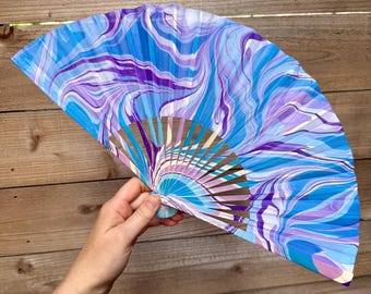Purple Blue Marbled Hand Fan – HANDMADE Folding Travel Gift, Decorative Cooling Vacation Gift, Unique Trippy Cooling Festival Statement Fan