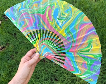 Colorful Marbled Hand Fan, HANDMADE Folding Travel Gift, Decorative Multicolor Trippy Rainbow Painted Statement Festival Concert Accessory