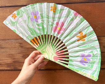 Pastel Flowers Marbled Hand Fan, Folding Lightweight Travel Vacation Gift, Fun Groovy Cooling Painted Trippy Festival Concert Fan Accessory