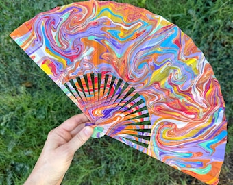 Colorful Marbled Hand Fan, HANDMADE Folding Travel Gift, Decorative Multicolor Trippy Rainbow Painted Statement Festival Concert Accessory