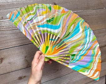 Bright Pastel Marbled Hand Fan, HANDMADE Folding Travel Gift, Colorful Decorative Cooling Swirly Portable Concert Festival Statement Fan