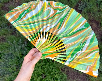Tropical Green Orange Marbled Hand Fan, HANDMADE Folding Travel Gift, Decorative Hand Painted Concert Fan, Trippy Happy Festival Accessory