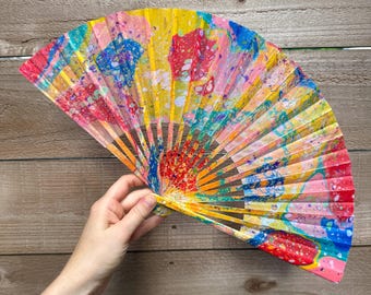 Primary Colorful Marbled Hand Fan, HANDMADE Folding Travel Gift, Decorative Hand Painted Concert Fan, Multicolor Trippy Festival Accessory