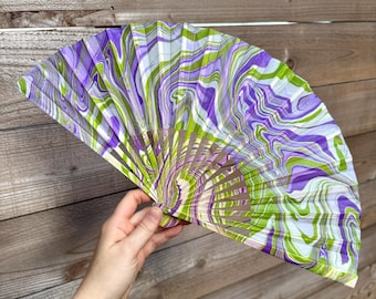 Purple Green Marbled Hand Fan – HANDMADE Folding Travel Gift, Decorative Poolside Vacation Gift, Unique Alien UFO Festival Fan Accessory