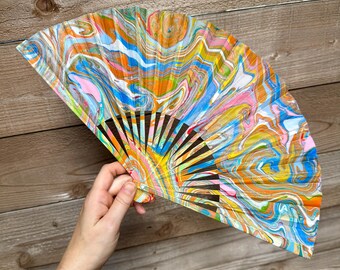 Colorful Marbled Hand Fan, HANDMADE Folding Travel Gift, Decorative Multicolor Trippy Rainbow Pride Statement Festival Concert Accessory