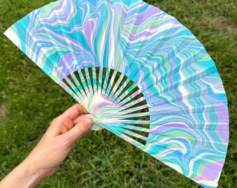 Pastel Purple Green Marbled Hand Fan – HANDMADE Folding Travel Gift, Decorative Cooling Vacation Gift, Trippy Cooling Festival Statement Fan