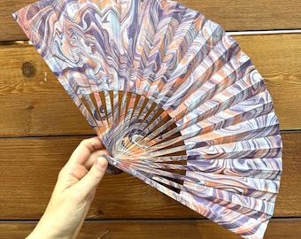 Orange Purple Marbled Hand Fan – HANDMADE Folding Travel Gift, Decorative Cooling Vacation Gift, Unique Trippy Festival Fan, Mothers Day Mom