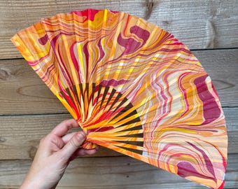 Fiery Marbled Hand Fan – HANDMADE Folding Travel Gift, Red Orange Yellow Fan, Unique Colorful Bright Trippy Concert Festival Rave Accessory