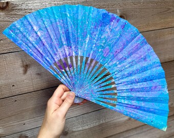 Aqua Purple Blue Marbled Hand Fan – HANDMADE Folding Travel Gift, Cool Decorative Vacation Gift, Unique Trippy Cool Festival Fan Accessory