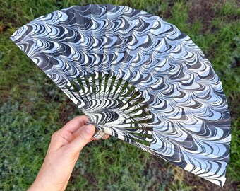 Black White Marbled Hand Fan – HANDMADE Folding Travel Gift, Decorative BW Gray Neutral Vacation Fan, Unique Trippy Cool Small Festival Fan