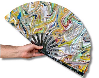 Rainbow Marbled Clack Fan, Handmade Trippy Festival Rave Accessory, Large Folding Line Dancing Hand Fan