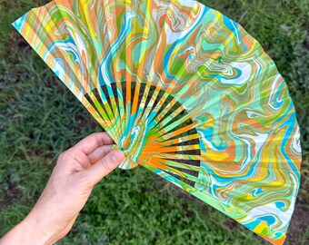 Tropical Green Orange Marbled Hand Fan, HANDMADE Folding Travel Gift, Decorative Hand Painted Concert Fan, Trippy Happy Festival Accessory