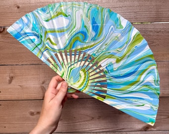 Blue Green Marbled Hand Fan, HANDMADE Folding Travel Gift, Colorful Decorative Cooling Fan, Unique Trippy Vacation Festival Fan, Mothers Day