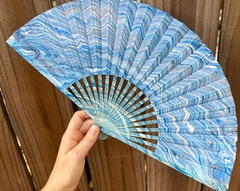 Blue White Marbled Hand Fan – HANDMADE Painted Folding Travel Gift, Decorative Beach Holiday Vacation Fan, Unique Ocean Wave Trippy Festival