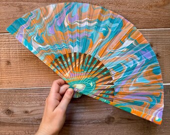 Aqua Orange Marbled Hand Fan – HANDMADE Folding Travel Gift, Decorative Cooling Vacation Gift, Unique Trippy Cool Festival Fan Accessory