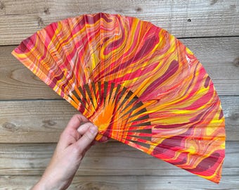 Fiery Marbled Hand Fan – HANDMADE Folding Travel Gift, Red Orange Yellow Fan, Unique Colorful Bright Trippy Concert Festival Rave Accessory